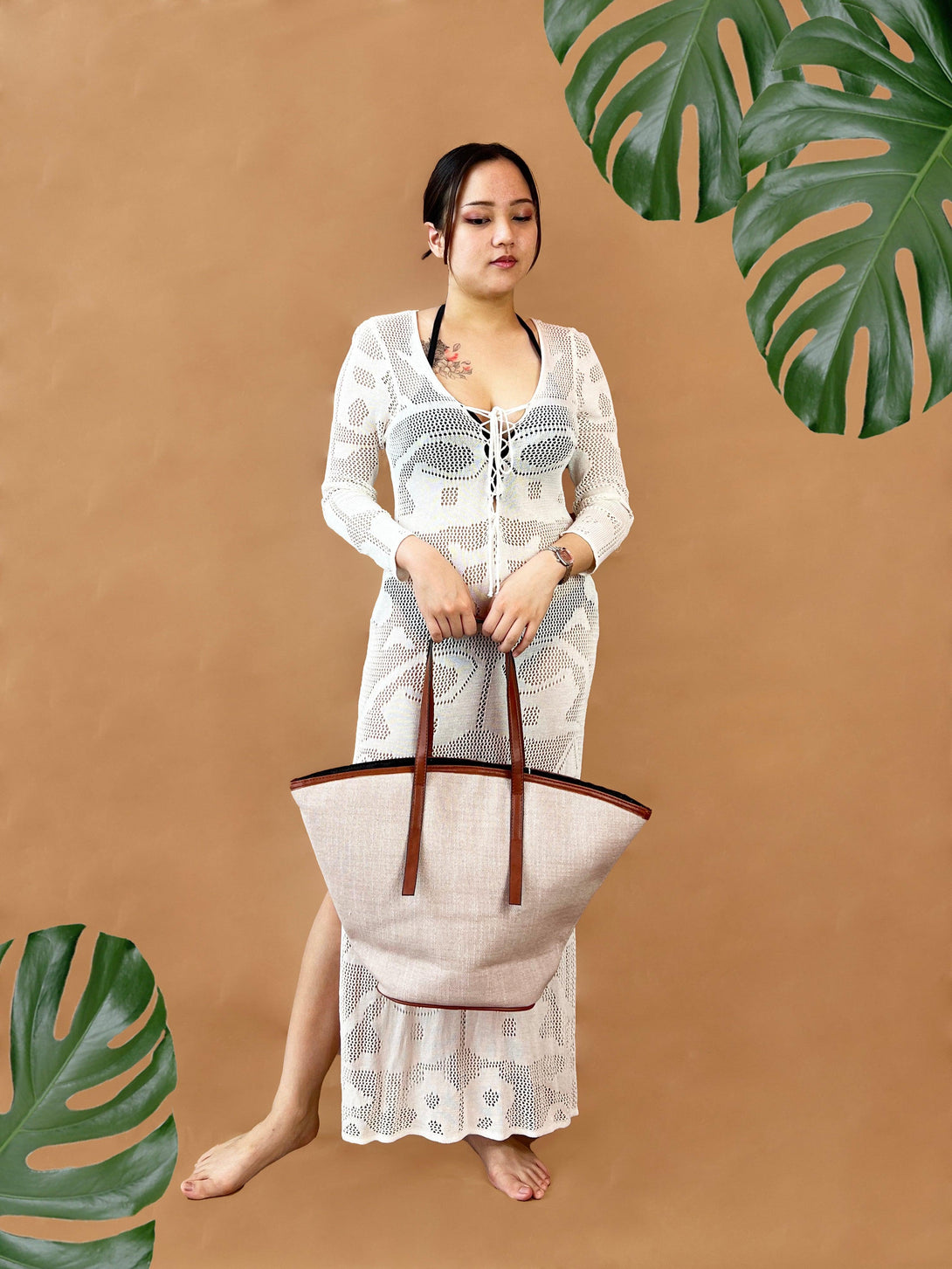 Cerelia Large Canvas Minimalist Shoulder Tote Bag in Brown Beige - Pink N' Proper