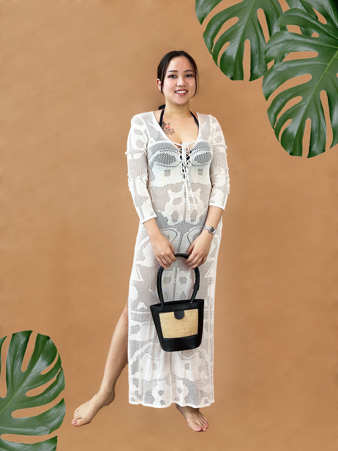 Penelope Straw Beach Handbag in Black Beige - Pink N' Proper