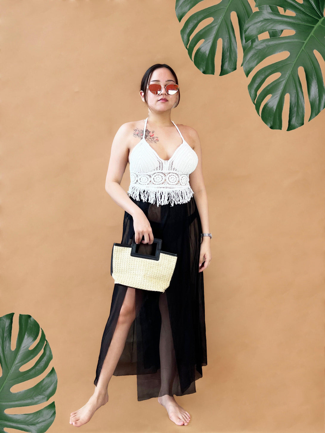 Delia Square Top Handle Straw Bag in Black - Pink N' Proper