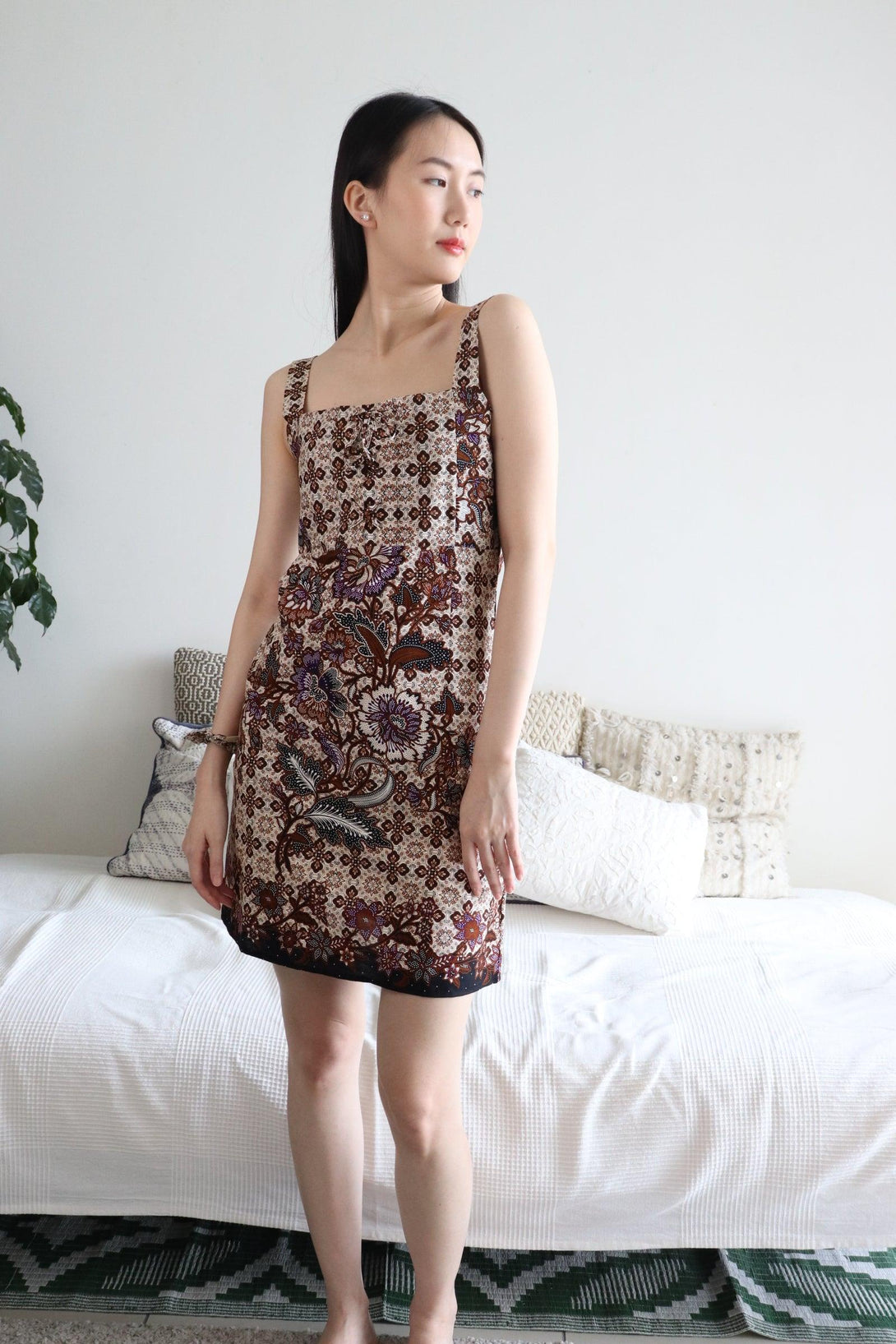Batik Lace Up Dress in Brown White - Pink N' Proper