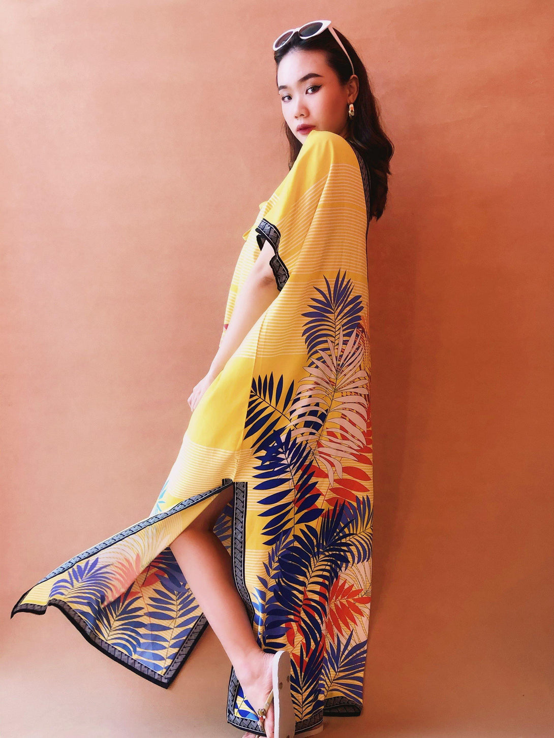 Daria Tropical Long V Neck Beach Kaftan Dress with Slit Yellow - Pink N' Proper