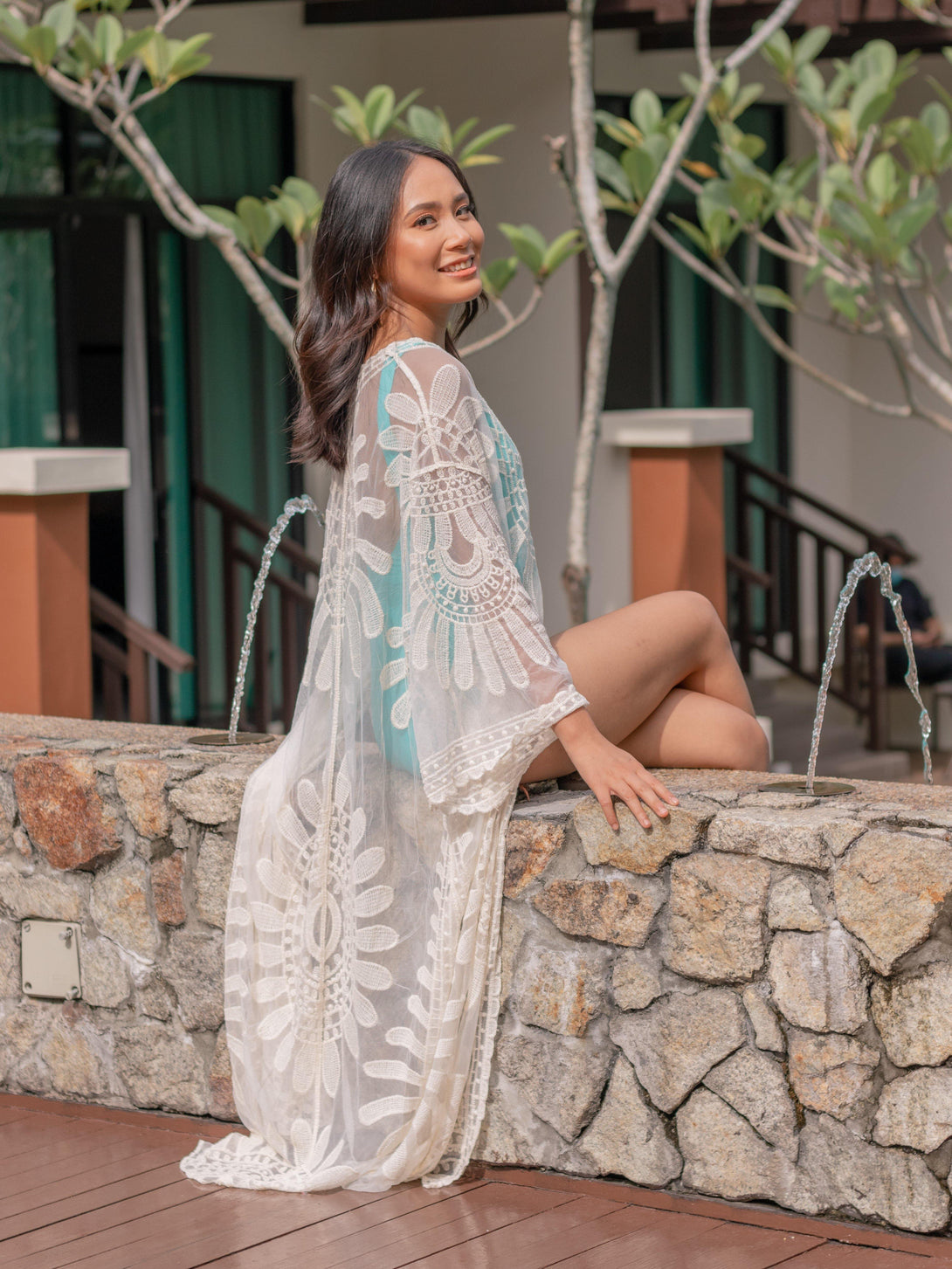 Teuila Embroidered mesh Long Cardigan in Beige - Pink N' Proper