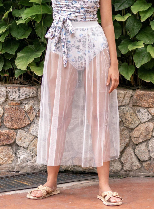 Oriana Elastic Long Mesh Skirt in White - Pink N' Proper