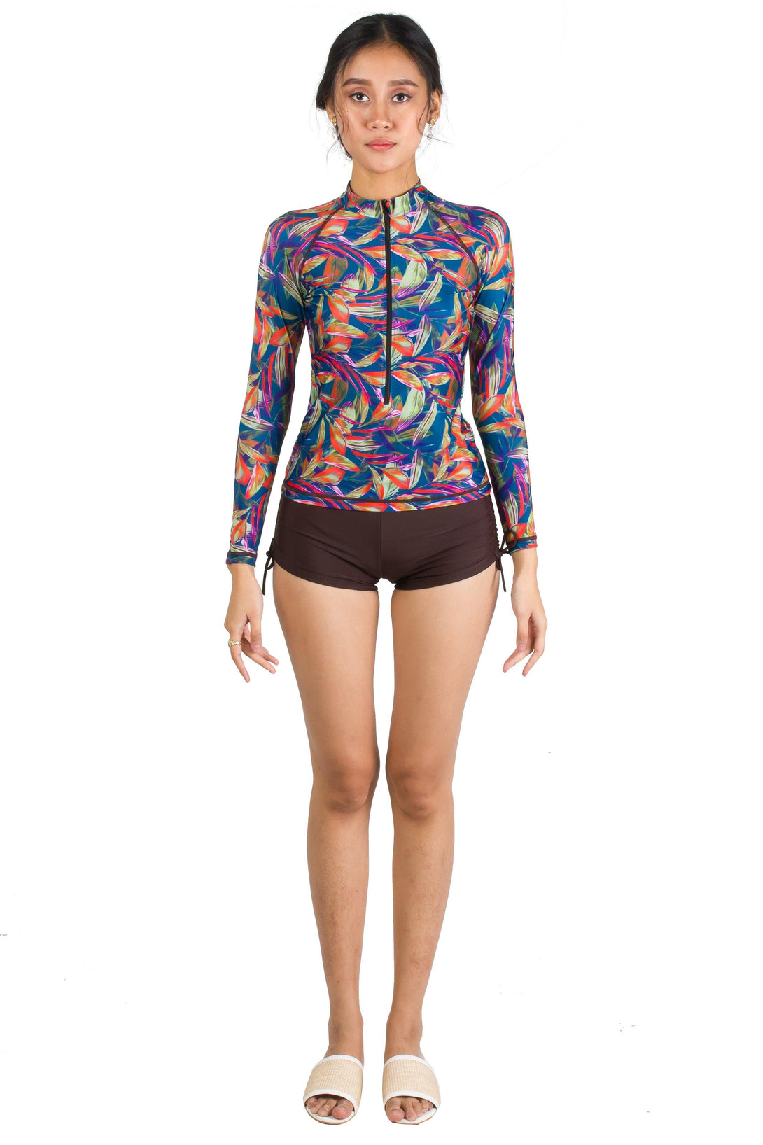 Amelia Floral Zip Long sleeve 3 Piece Bikini Rashguard in Brown - Pink N' Proper