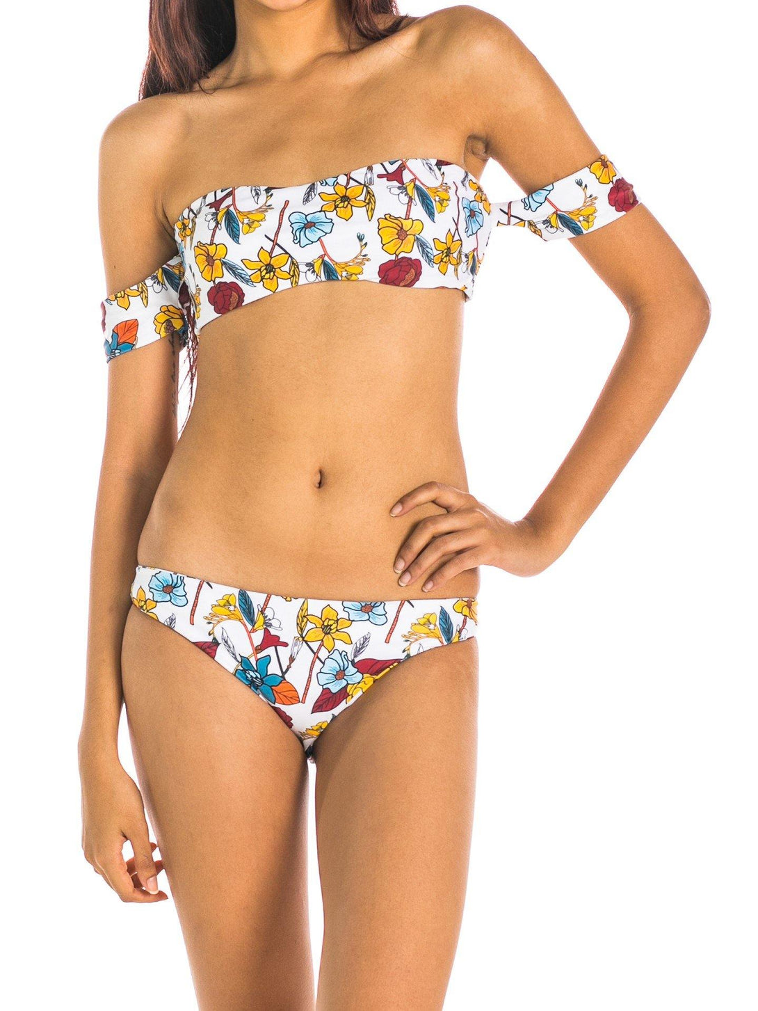 Imbruglia Floral Bardot Off-Shoulder Bikini Set Mustard Mahagony - Pink N' Proper