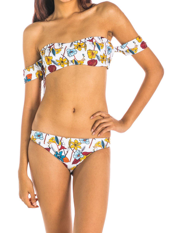 Imbruglia Floral Bardot Off-Shoulder Bikini Set Mustard Mahagony - Pink N' Proper