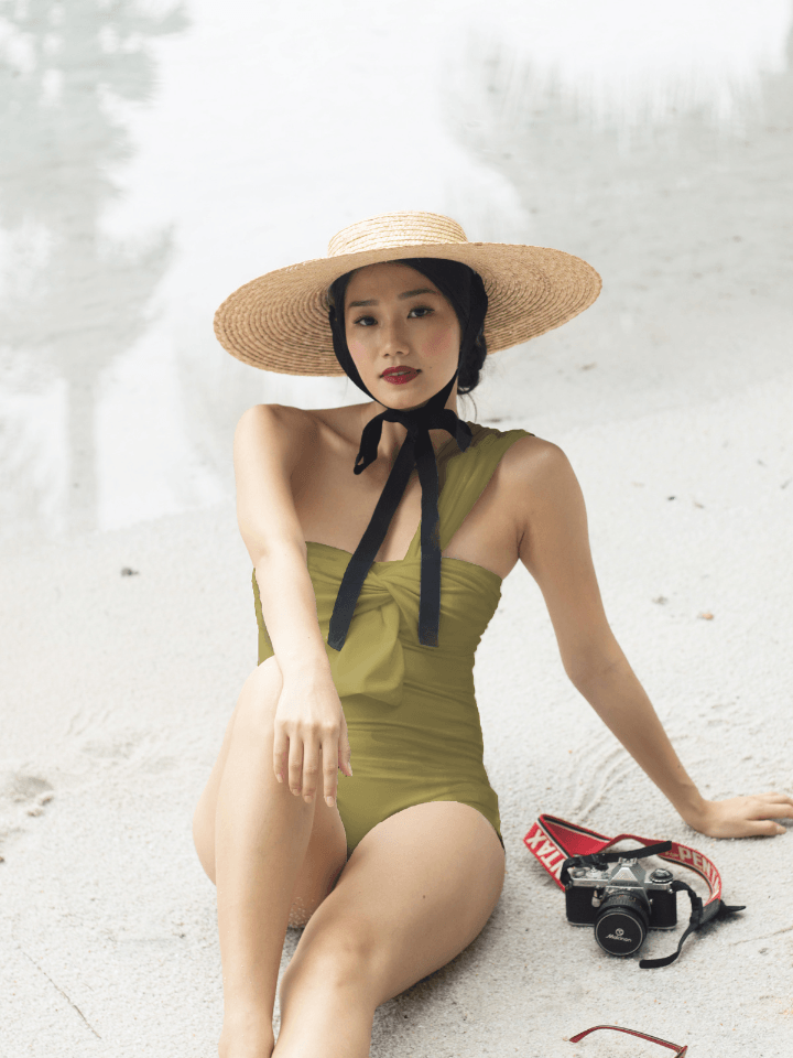 Helen Toga Bandeau Retro Swimsuit in Olive Green - Pink N' Proper