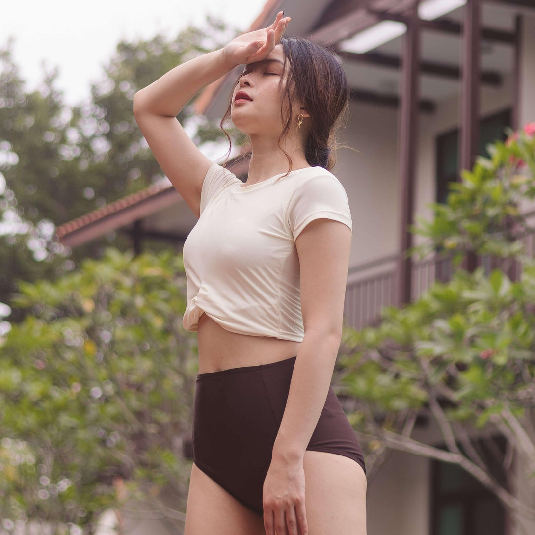 Pink N' Proper:Ae Ra Crop Top High-Waist Bikini Set in Cream White