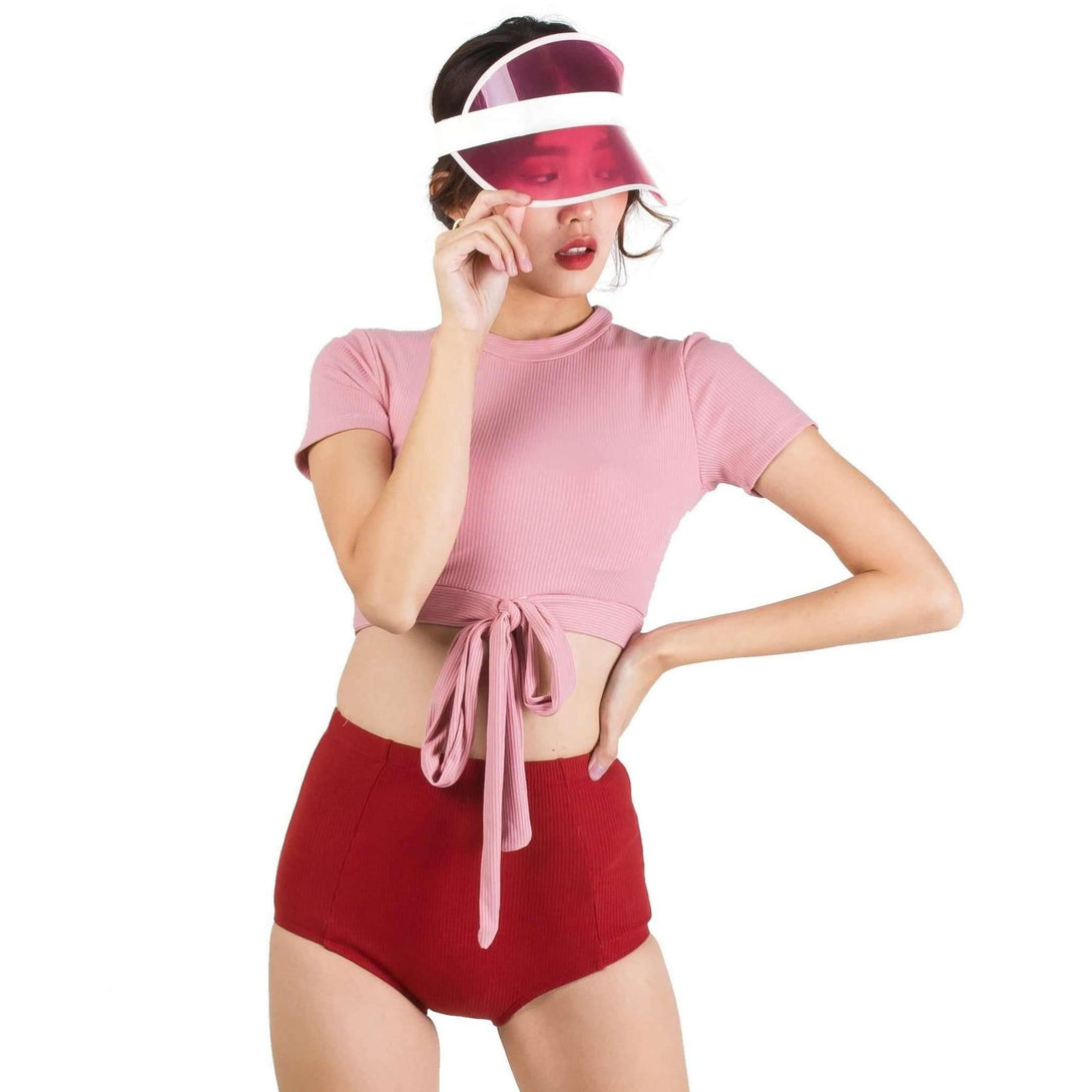 Pink N' Proper:Areum Crop Top Underwire High-Waist Bikini Set in Pink Red