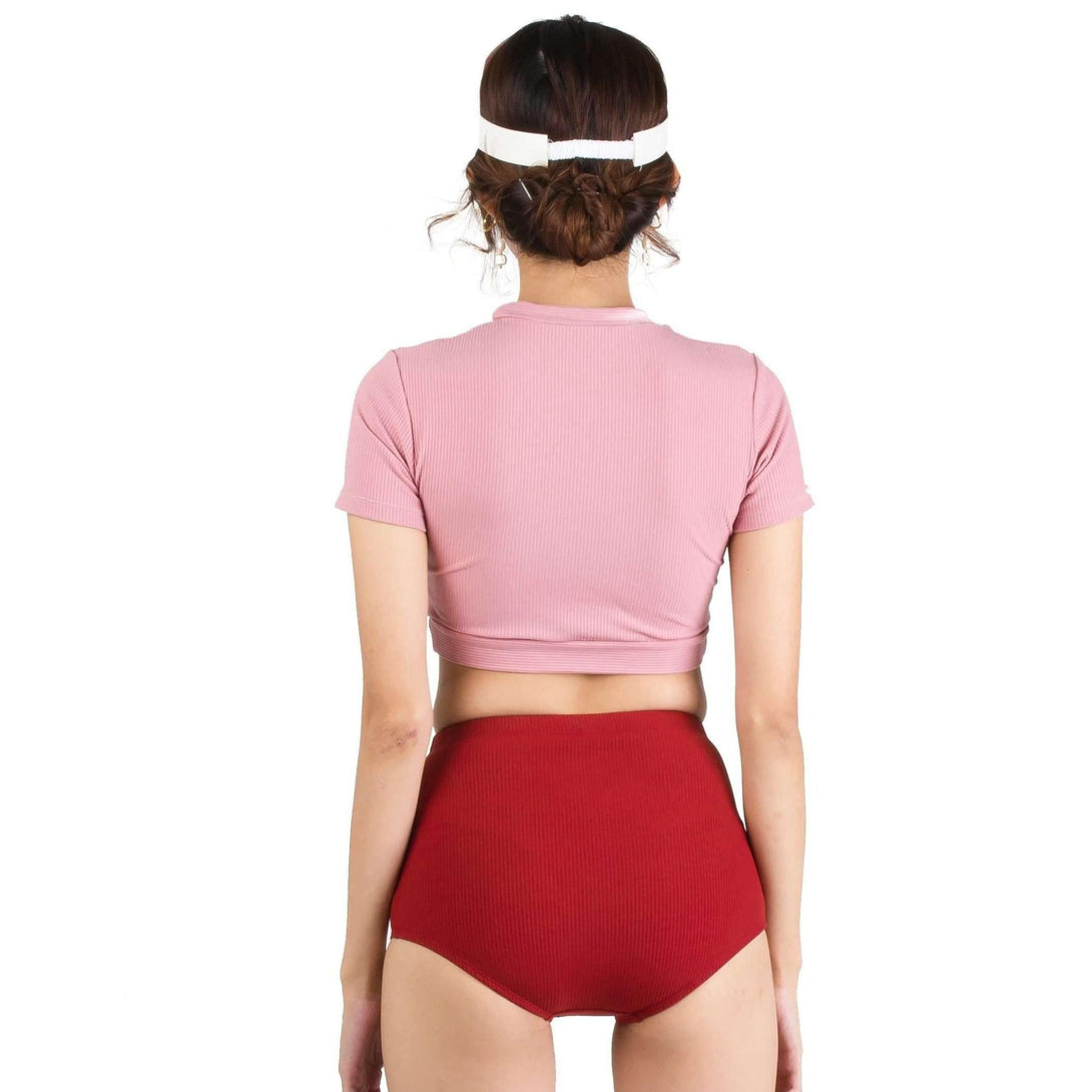 Pink N' Proper:Areum Crop Top Underwire High-Waist Bikini Set in Pink Red