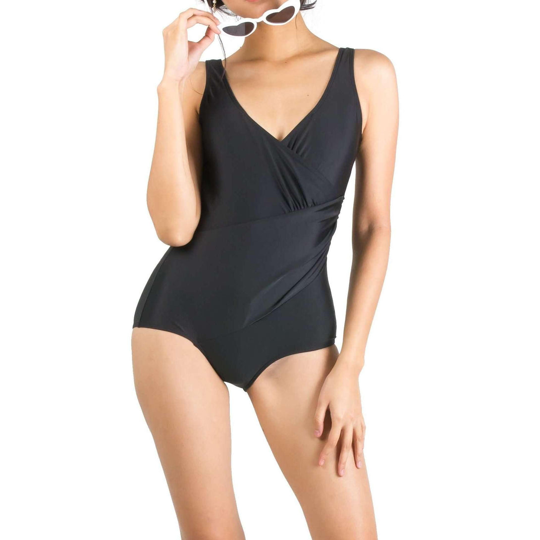 Pink N' Proper:Basic Deep V Bareback Shaping Swimsuit in Black