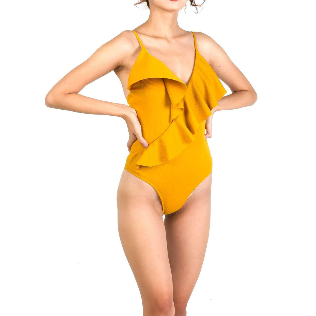 Pink N' Proper:Basic Ruffle V Neck Swimsuit in Mustard Yellow