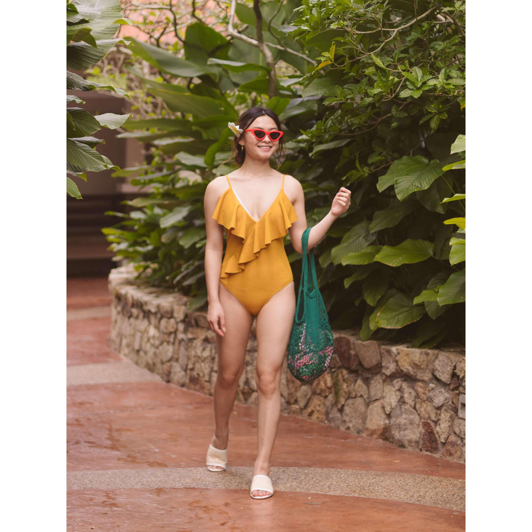 Pink N' Proper:Basic Ruffle V Neck Swimsuit in Mustard Yellow