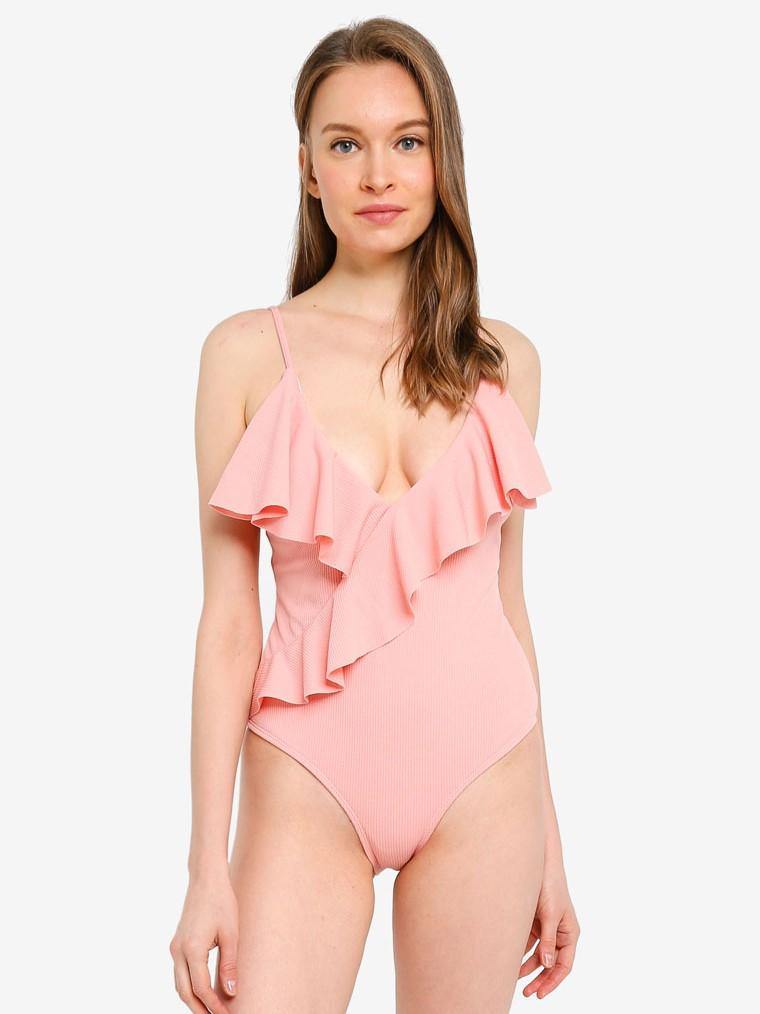 Basic Ruffle V Neck Swimsuit in Pastel Pink - Pink N' Proper