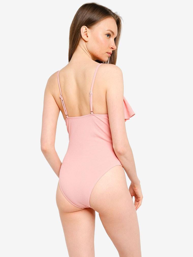 Basic Ruffle V Neck Swimsuit in Pastel Pink - Pink N' Proper