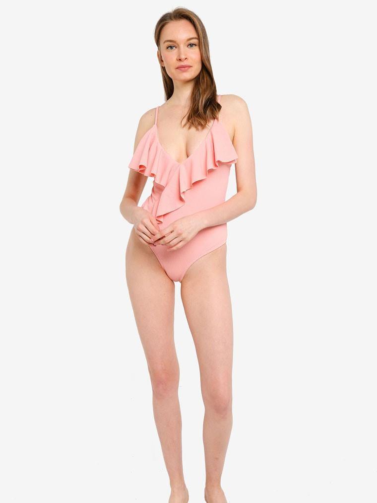 Basic Ruffle V Neck Swimsuit in Pastel Pink - Pink N' Proper