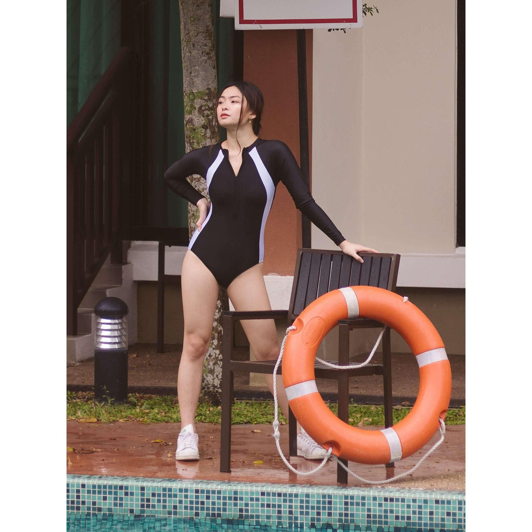 Pink N' Proper:Chul Two-piece Underwire Long Sleeve Bodysuit Rash Guard in Black