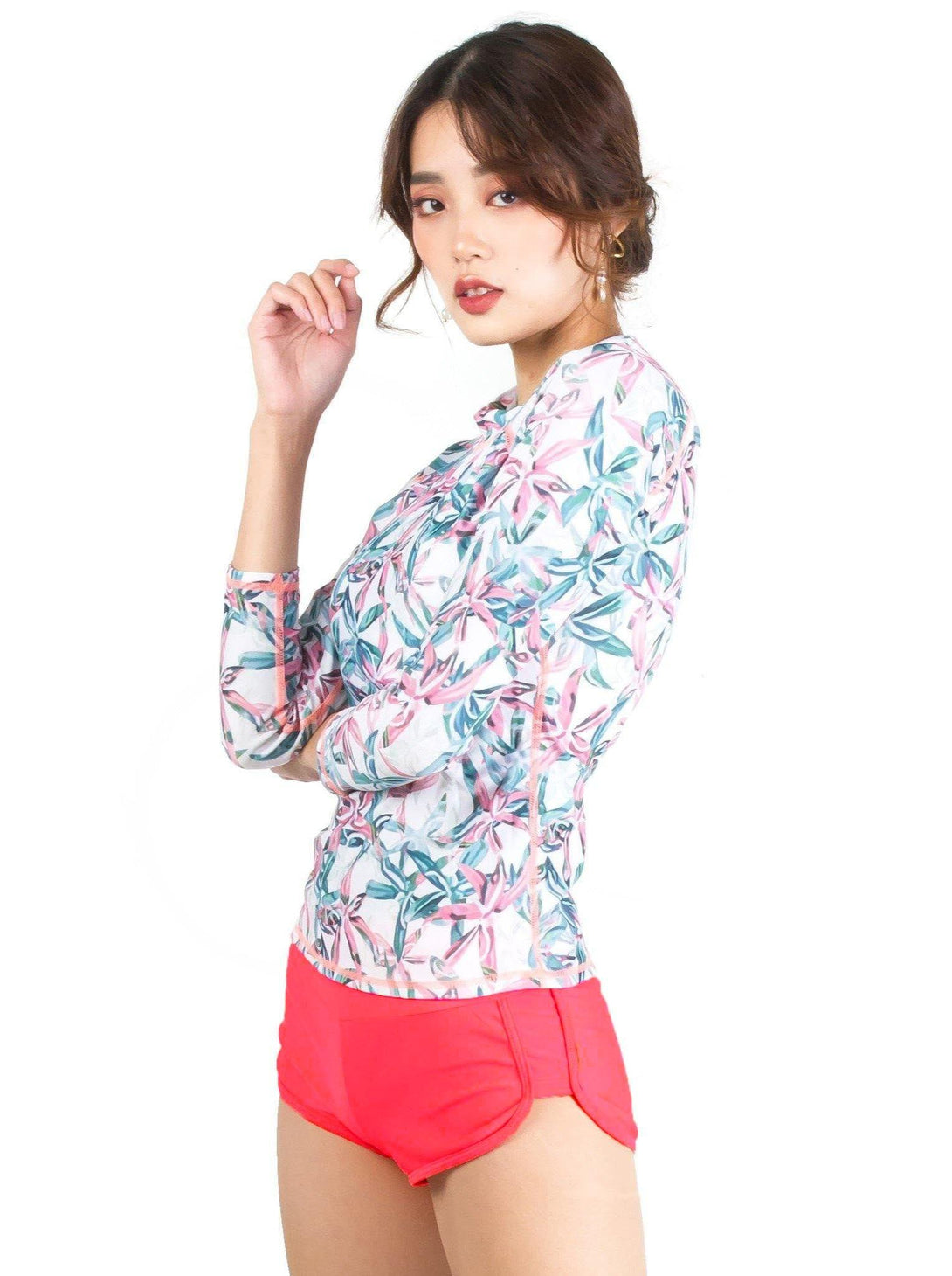 Vesper Pastel Long Sleeve Rash Guard Set in White / Neon Orange - Pink N' Proper