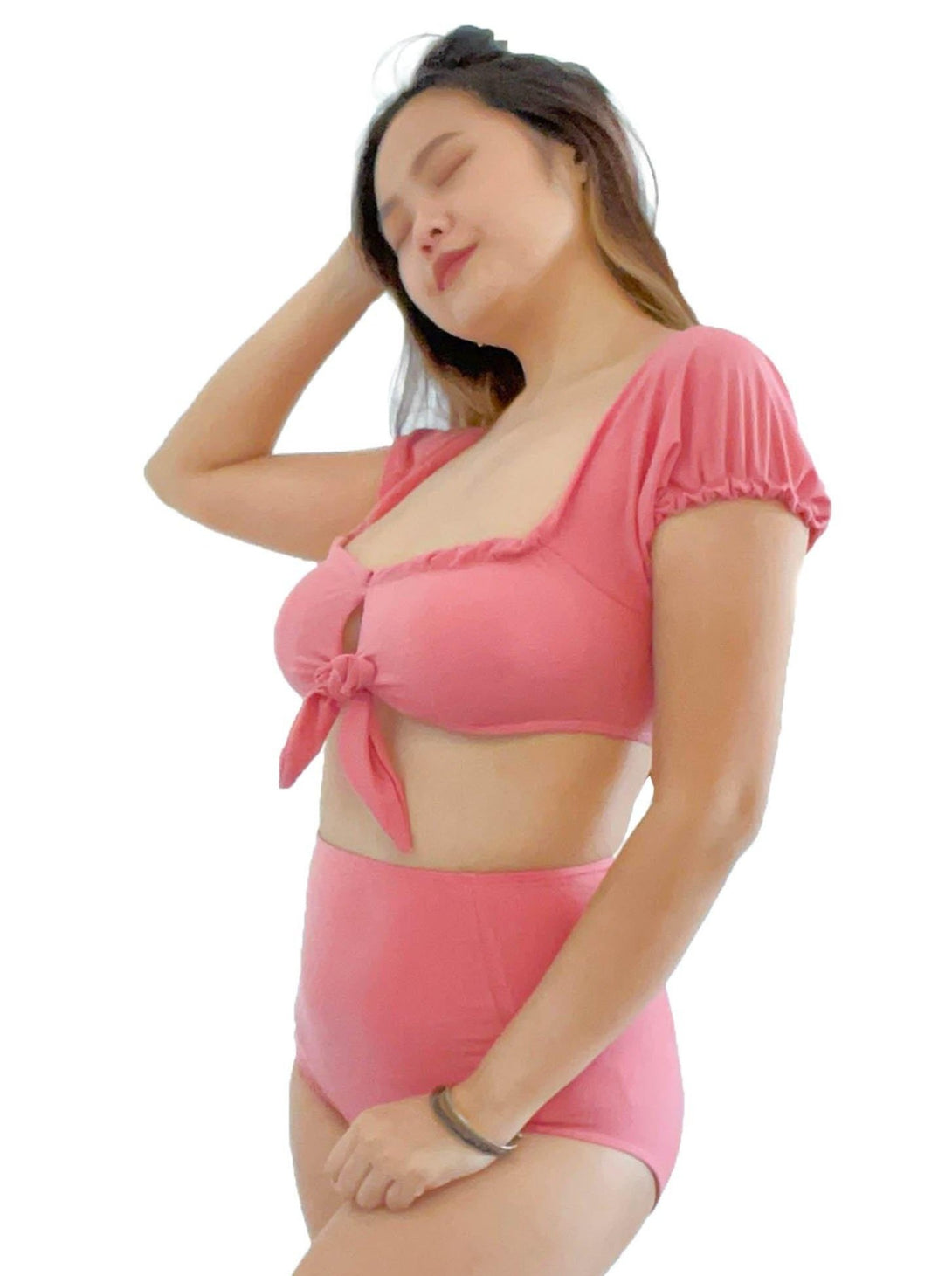 Hestia Ribbed Off Shoulder Puff Sleeve High Waist Bikini Set in Pastel Pink - Pink N' Proper