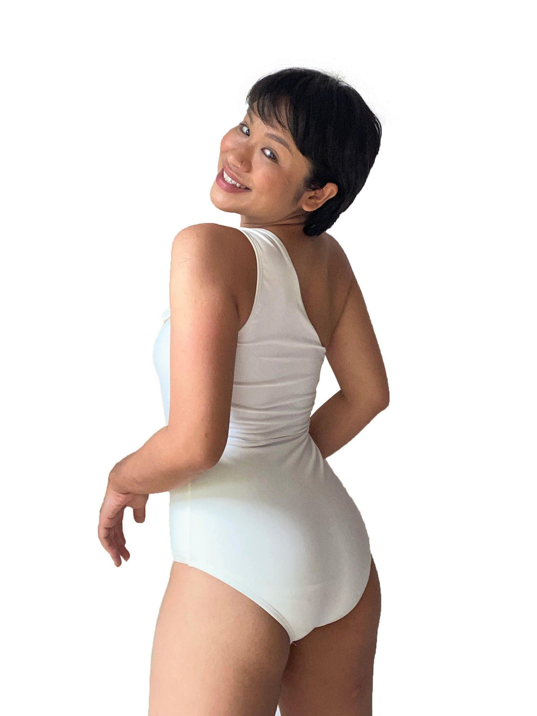 Aphrodite One Shoulder Toga Ring Swimsuit in White - Pink N' Proper