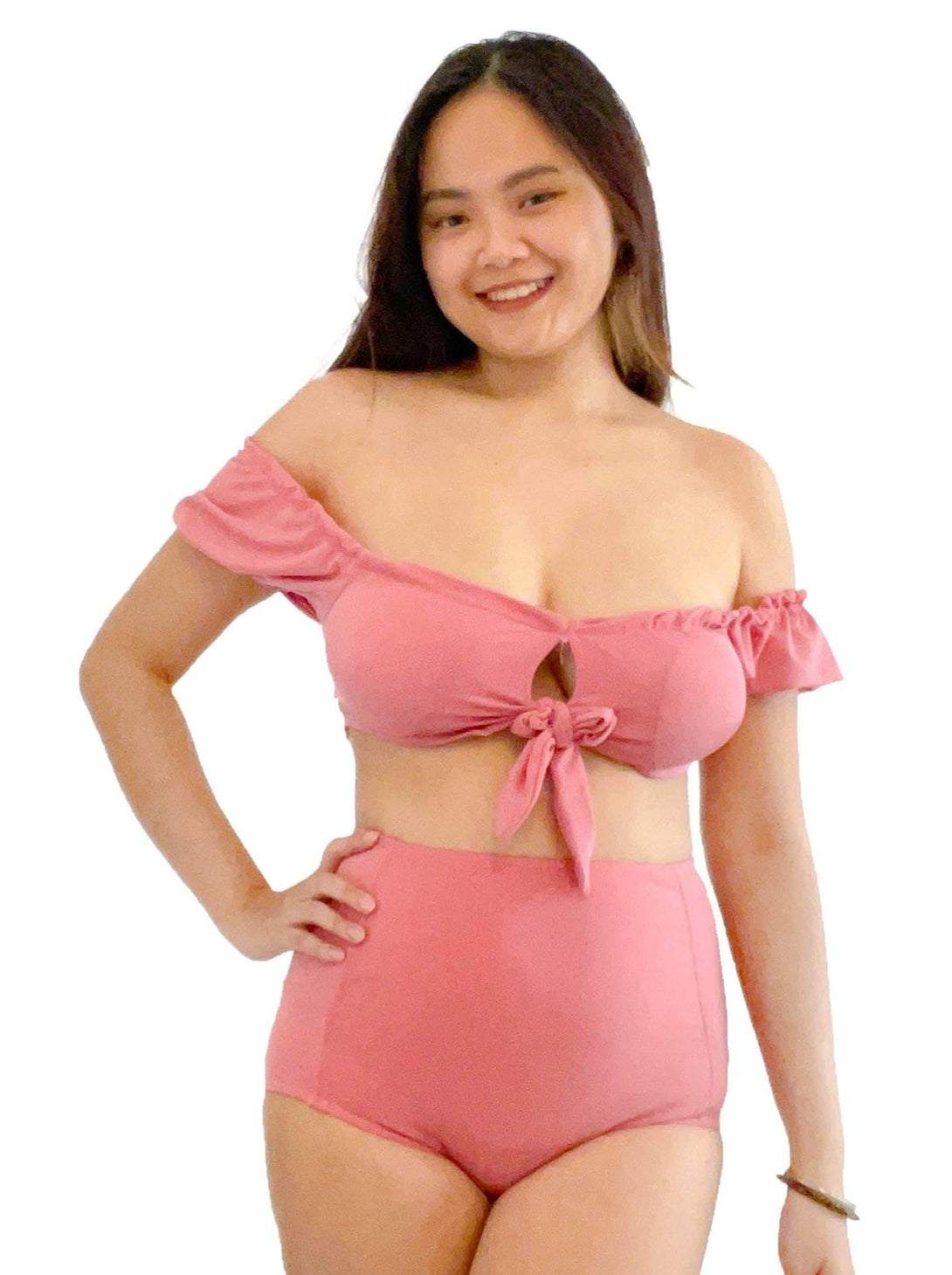 Hestia Ribbed Off Shoulder Puff Sleeve High Waist Bikini Set in Pastel Pink - Pink N' Proper