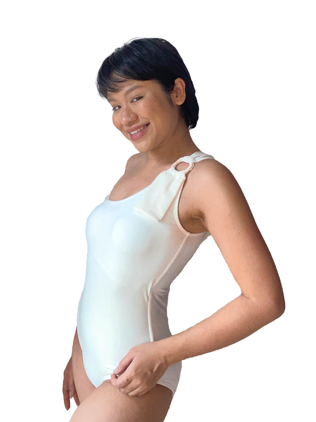 Aphrodite One Shoulder Toga Ring Swimsuit in White - Pink N' Proper