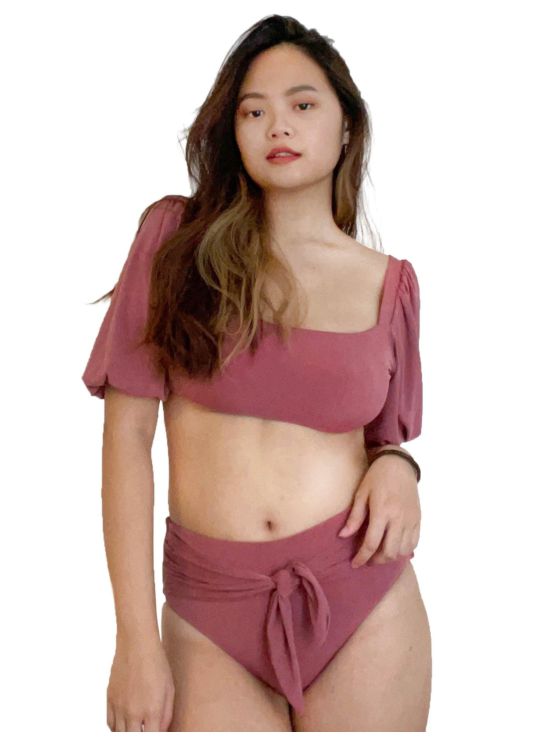 Hera Ribbed Pastel Puff Sleeve Square Neck High Waist Bikini Set in Mauve Purple - Pink N' Proper