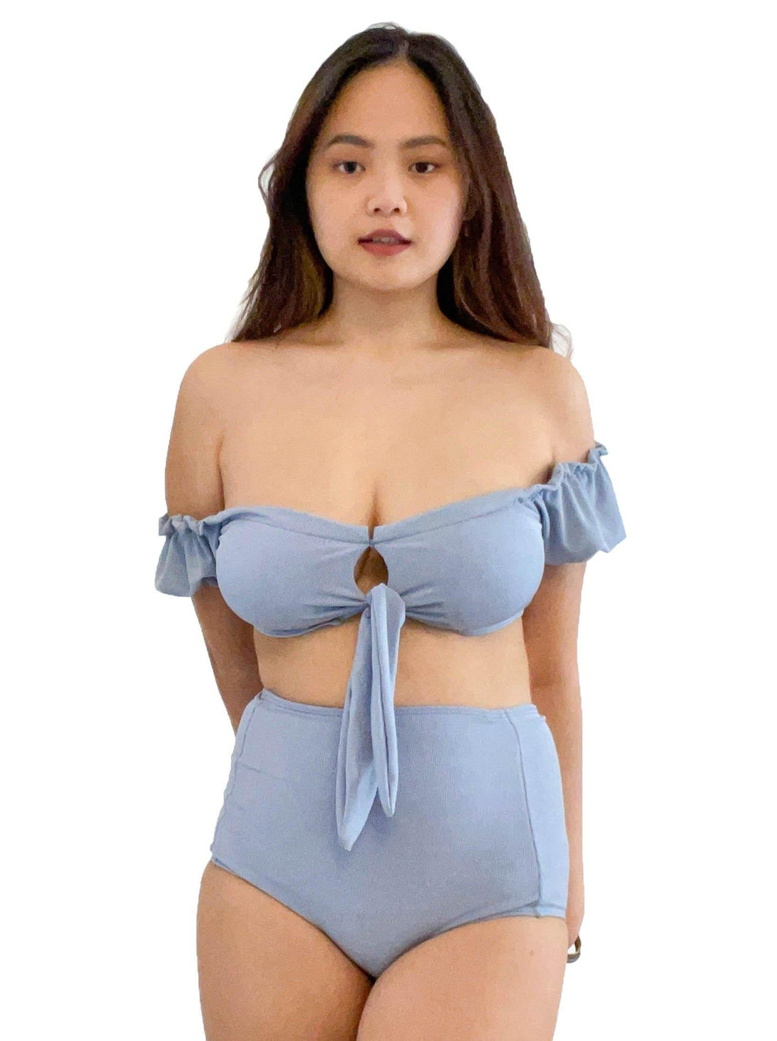 Hestia Ribbed Off Shoulder Puff Sleeve High Waist Bikini Set in Pastel Blue - Pink N' Proper