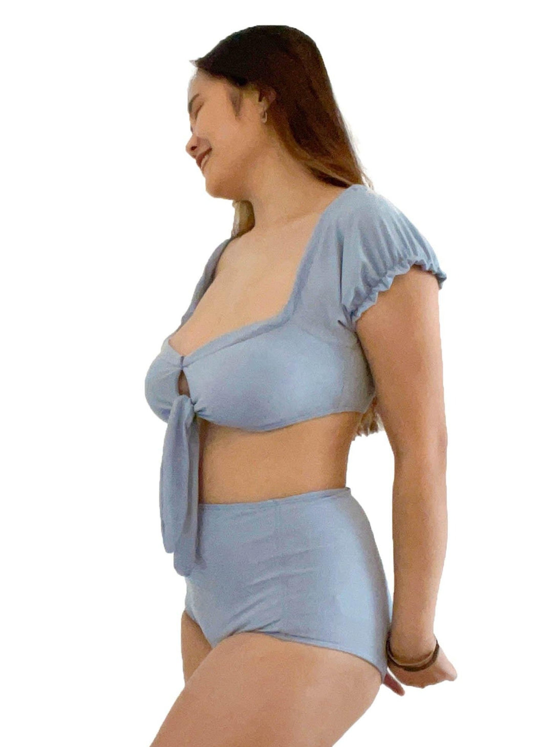 Hestia Ribbed Off Shoulder Puff Sleeve High Waist Bikini Set in Pastel Blue - Pink N' Proper