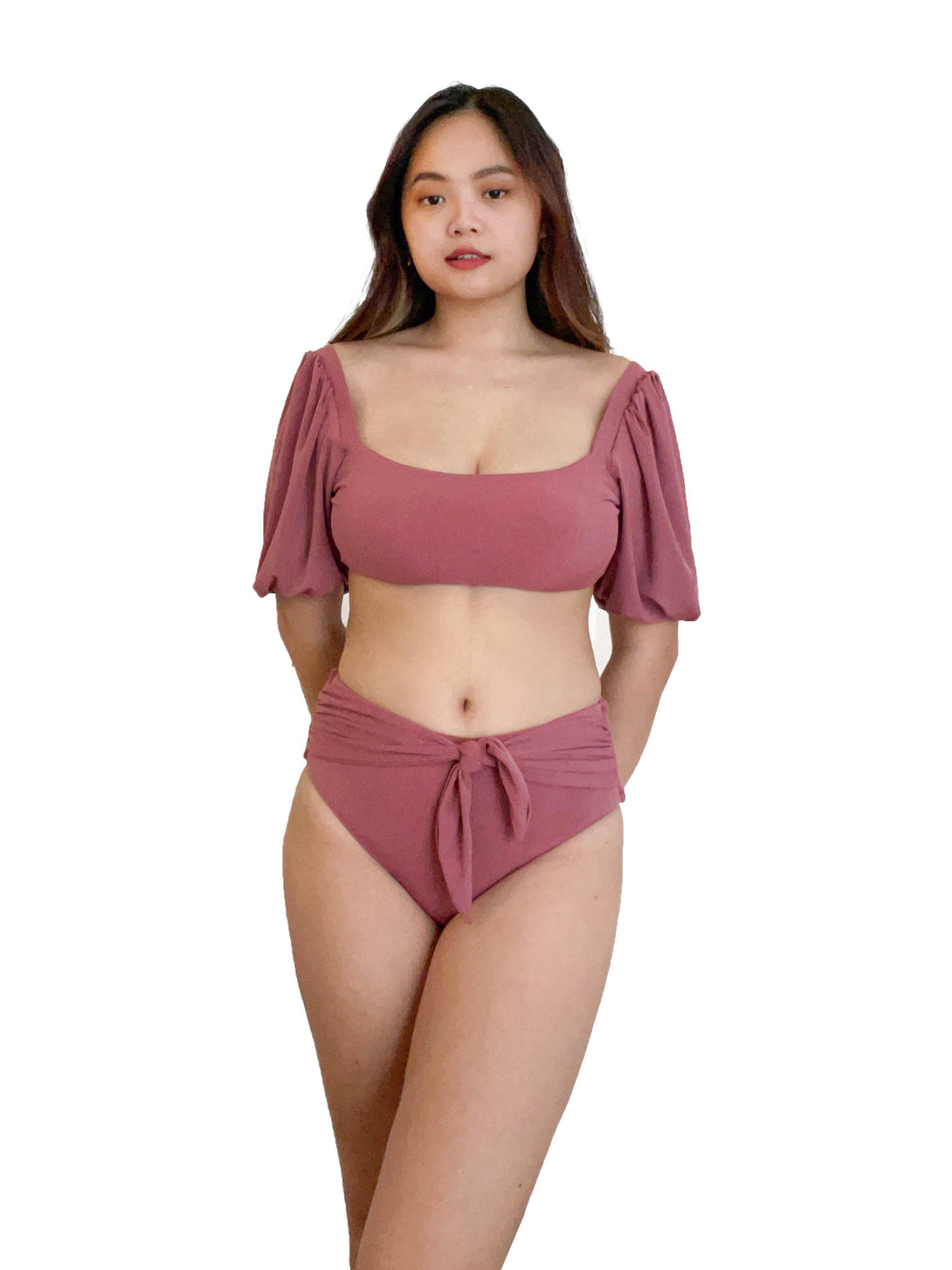 Hera Ribbed Pastel Puff Sleeve Square Neck High Waist Bikini Set in Mauve Purple - Pink N' Proper