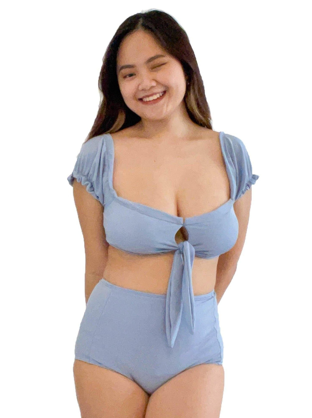 Hestia Ribbed Off Shoulder Puff Sleeve High Waist Bikini Set in Pastel Blue - Pink N' Proper