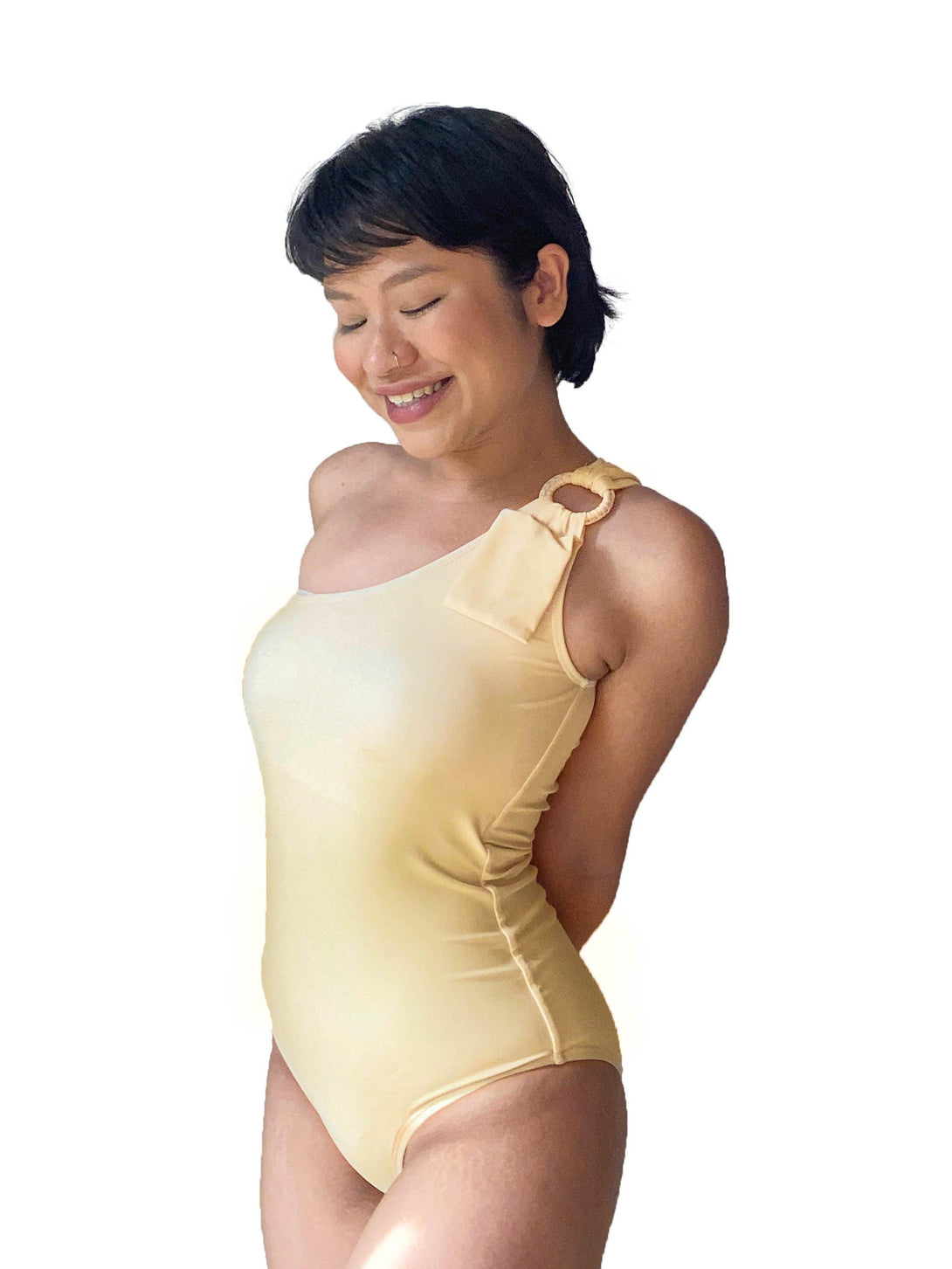 Aphrodite One Shoulder Toga Ring Swimsuit in Pastel Yellow - Pink N' Proper