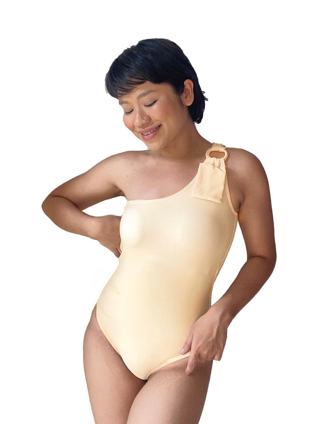 Aphrodite One Shoulder Toga Ring Swimsuit in Pastel Yellow - Pink N' Proper