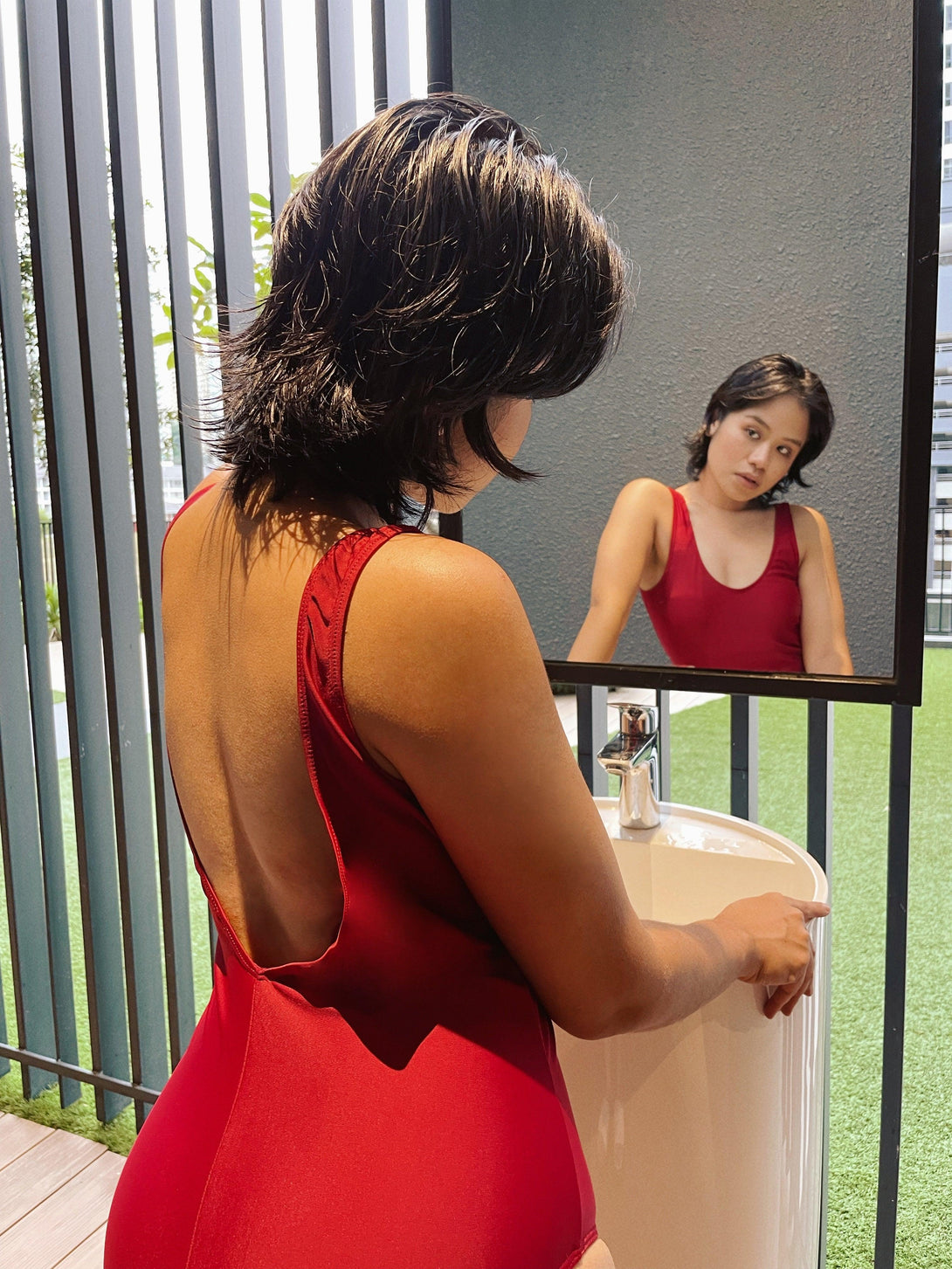 Basic V Back Swimsuit in Wine Red - Pink N' Proper