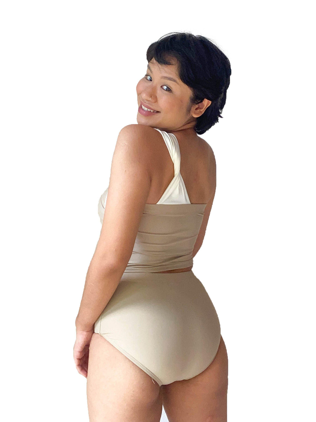 Athena One Shoulder Toga High Waist Tankini Set in Pastel Beige Cream - Pink N' Proper