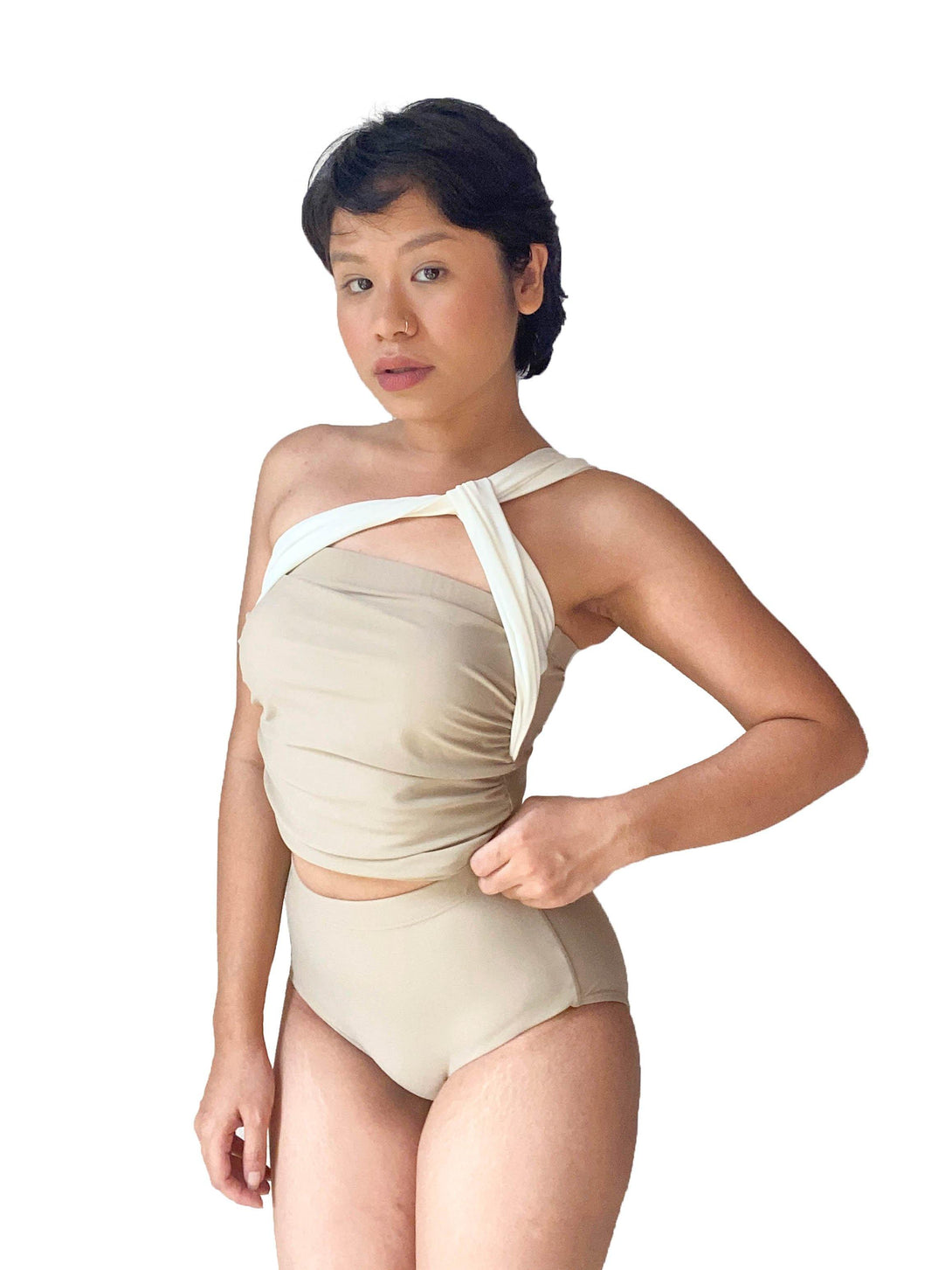 Athena One Shoulder Toga High Waist Tankini Set in Pastel Beige Cream - Pink N' Proper