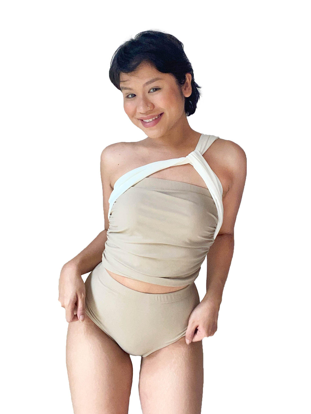 Athena One Shoulder Toga High Waist Tankini Set in Pastel Beige Cream - Pink N' Proper