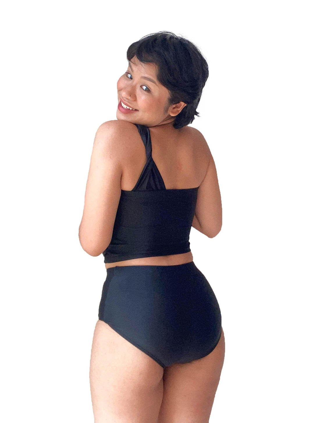 Athena One Shoulder Toga High Waist Tankini Set in Black - Pink N' Proper