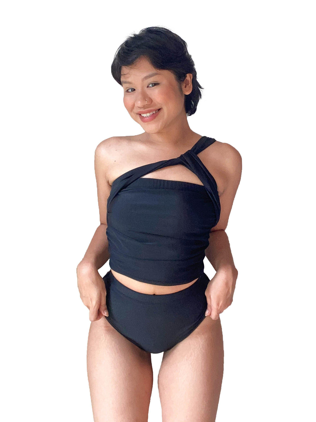 Athena One Shoulder Toga High Waist Tankini Set in Black - Pink N' Proper