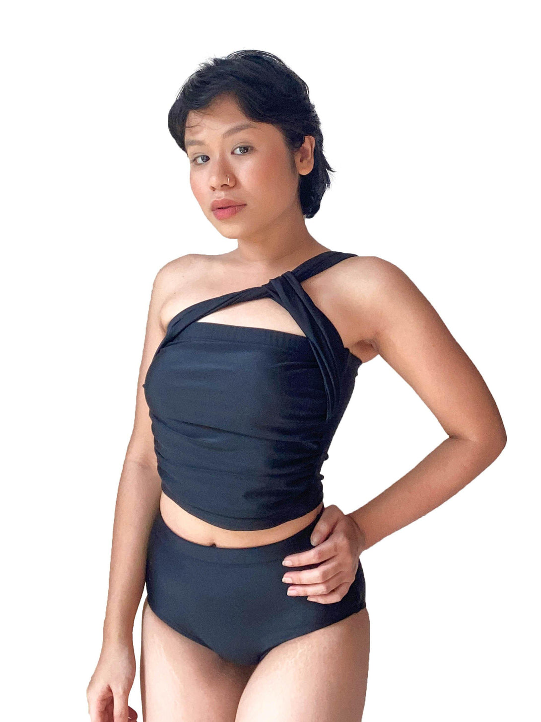 Athena One Shoulder Toga High Waist Tankini Set in Black - Pink N' Proper