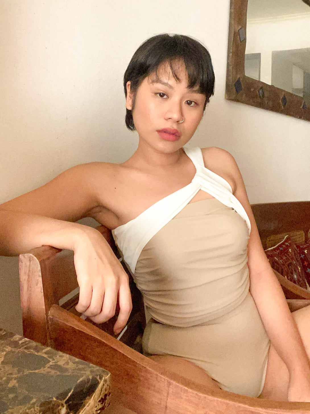 Athena One Shoulder Toga High Waist Tankini Set in Pastel Beige Cream - Pink N' Proper