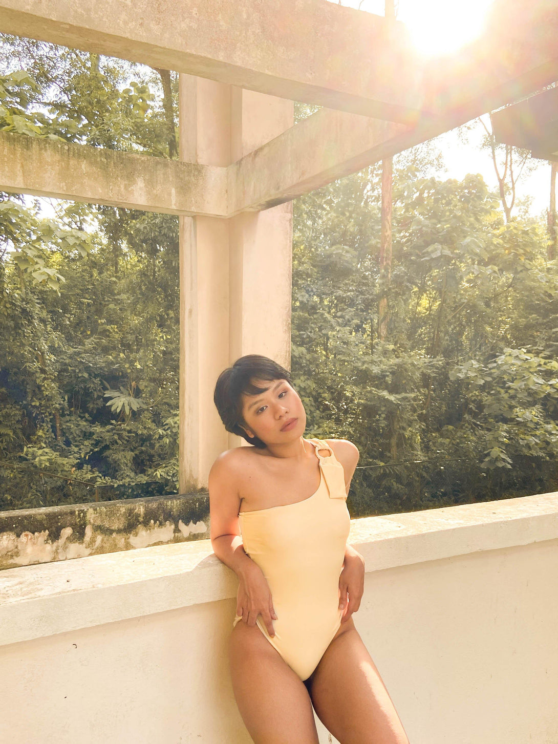 Aphrodite One Shoulder Toga Ring Swimsuit in Pastel Yellow - Pink N' Proper