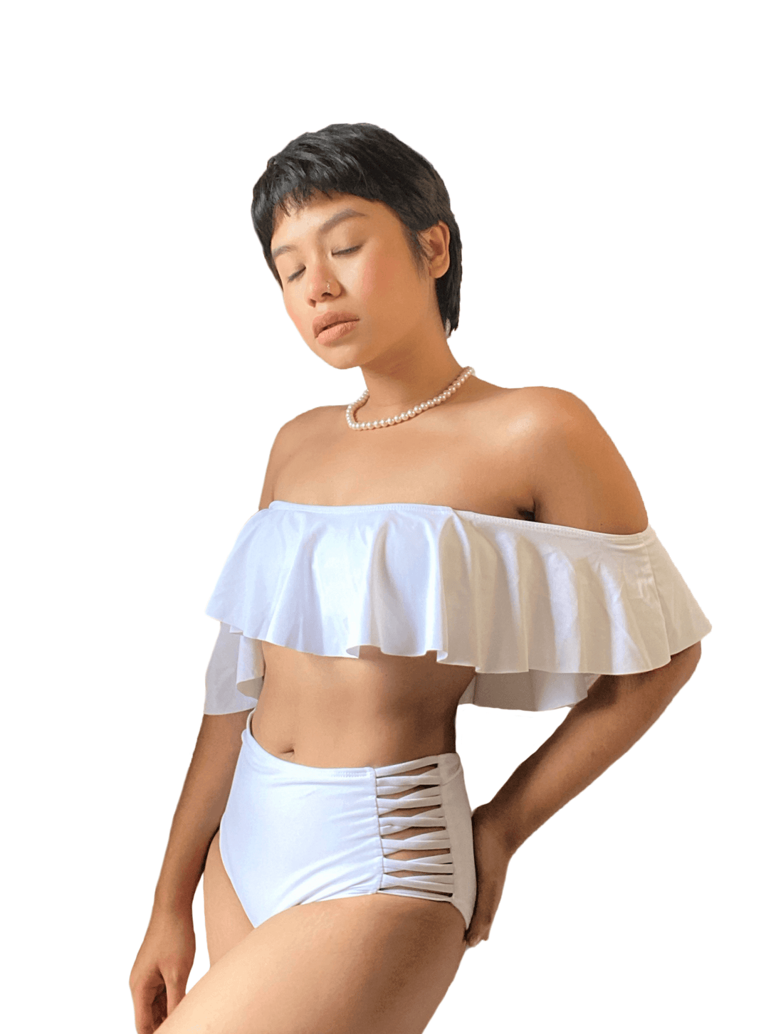 Karlie Off-Shoulder High-Waist Bikini Set in White - Pink N' Proper