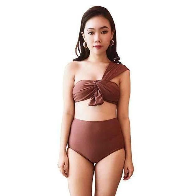 Pink N' Proper:Phylonoe Toga Bandeau Retro High-Waist Bikini Set in Caramel Brown