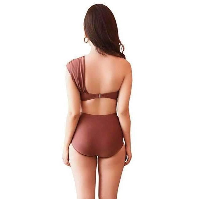 Pink N' Proper:Phylonoe Toga Bandeau Retro High-Waist Bikini Set in Caramel Brown