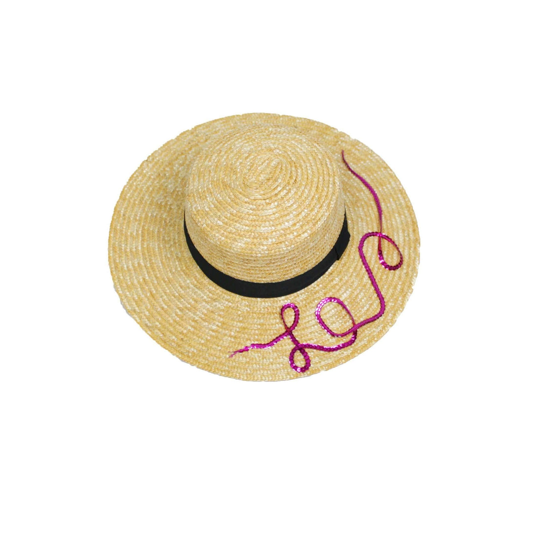 Pink N' Proper:Boater Hat,Black Pom Pom / Pink
