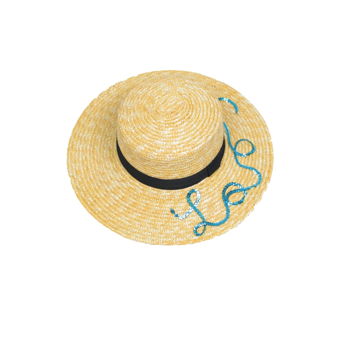 Pink N' Proper:Boater Hat,Black Pom Pom / Turquoise