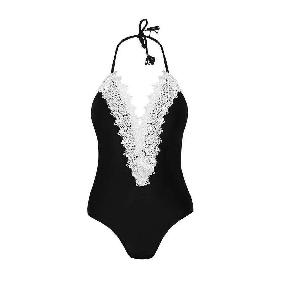 Pink N' Proper:Galliana Plunge Crochet Swimsuit in Black