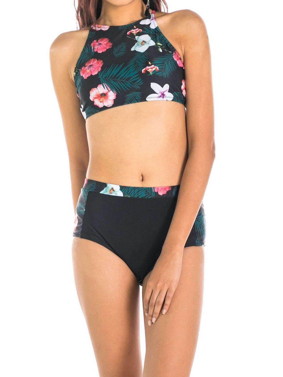 Kiana Tropical Halter High-Waist Bikini Set Black - Pink N' Proper
