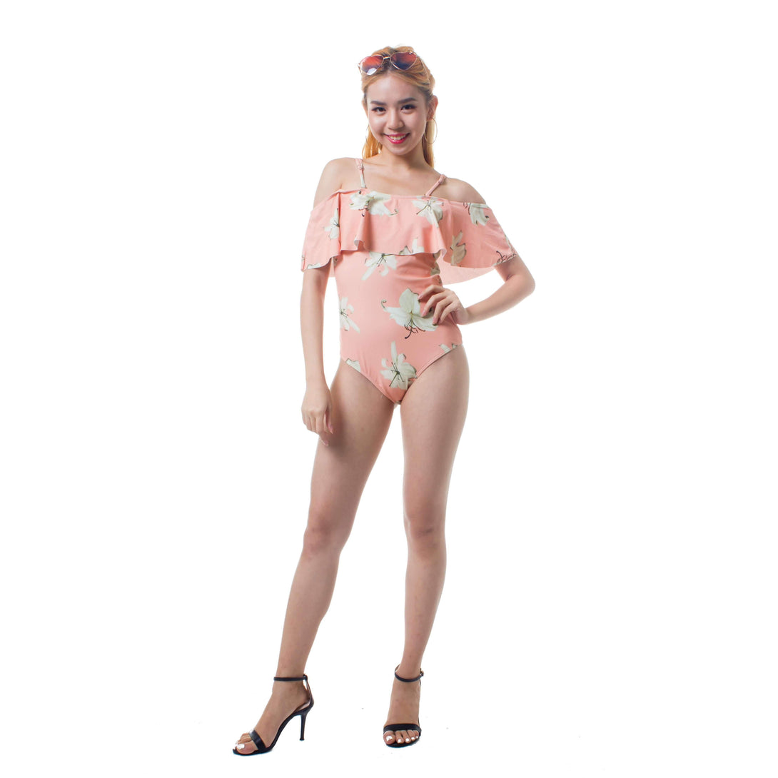 Pink N' Proper:Margot Bardot Off-Shoulder Swimsuit Peach